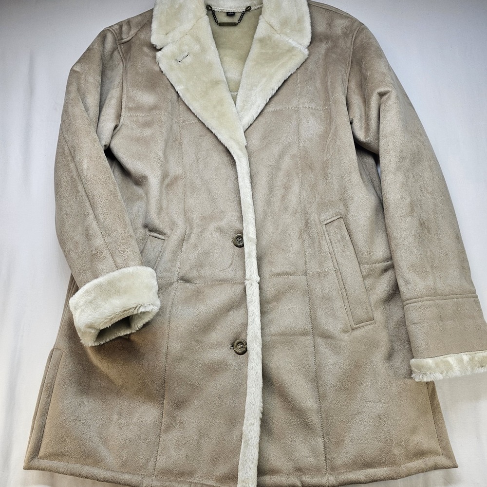 Fleet Street Women L Faux Suede Shearling Coat Beige Button Front Winter Jacket